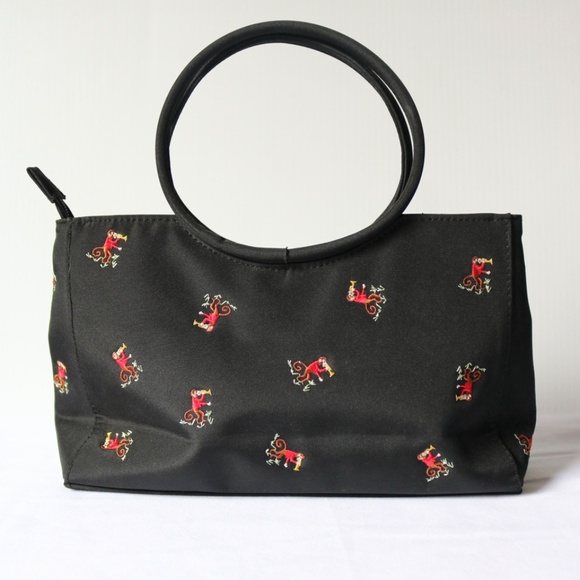Monkey Purse Handbag Black Embroidered Hoop Handle Trumpet Quirky - Picture 2 of 8